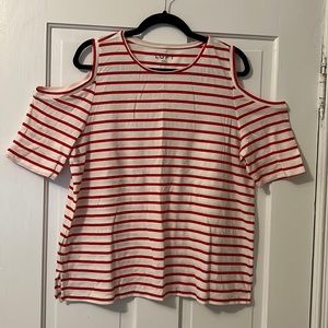 LOFT Red and White Striped Cold Shoulder Shirt